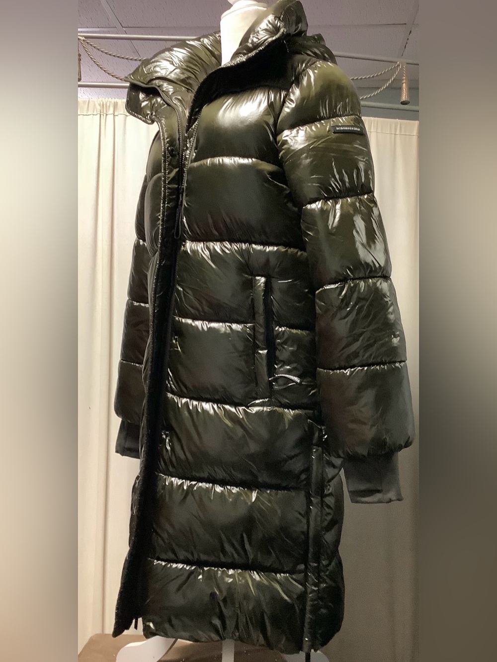 Bcbgmaxazria Shiny Olive Long Quilted Hooded Puffer Coat XXS